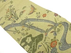 手織り紬絞り草花に蝶模様名古屋帯